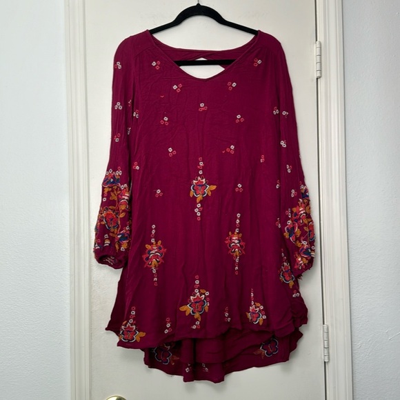 Free People Magenta Pink Oxford Mini Dress Boho Embroidered Long Sleeve Size XS - Picture 1 of 8